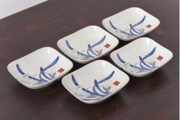 古民具　富永製　水仙図　情緒あふれる角皿5枚セット(小皿、銘々皿、和食器)