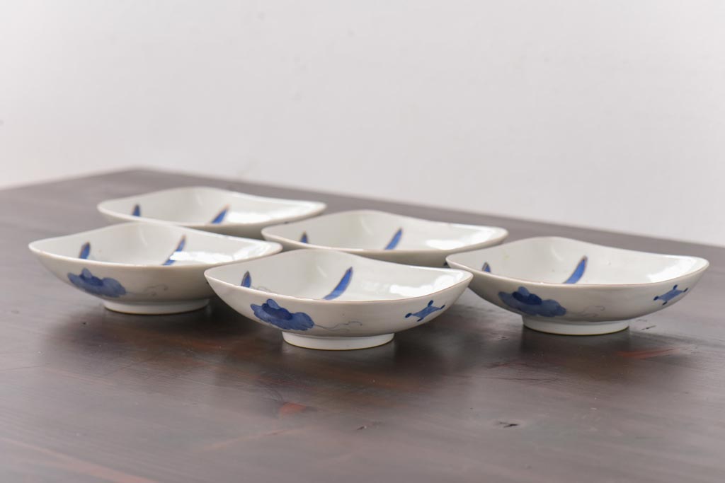 古民具　富永製　水仙図　情緒あふれる角皿5枚セット(小皿、銘々皿、和食器)