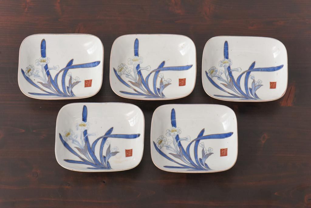 古民具　富永製　水仙図　情緒あふれる角皿5枚セット(小皿、銘々皿、和食器)