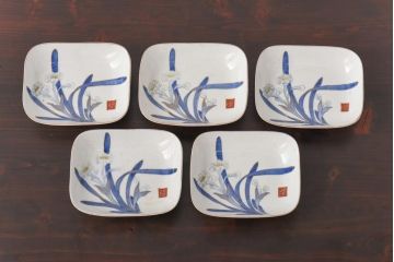 古民具　富永製　水仙図　情緒あふれる角皿5枚セット(小皿、銘々皿、和食器)
