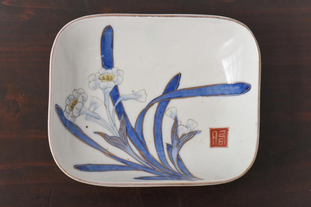 古民具　富永製　水仙図　情緒あふれる角皿5枚セット(小皿、銘々皿、和食器)