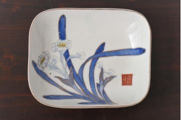 古民具　富永製　水仙図　情緒あふれる角皿5枚セット(小皿、銘々皿、和食器)