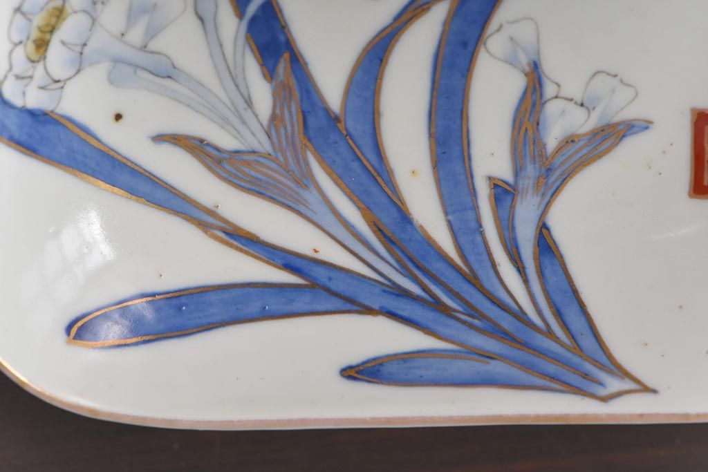 古民具　富永製　水仙図　情緒あふれる角皿5枚セット(小皿、銘々皿、和食器)