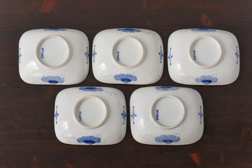 古民具　富永製　水仙図　情緒あふれる角皿5枚セット(小皿、銘々皿、和食器)