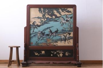 唐木材　九頭馬(馬九行)・竹梅図　表裏異なる意匠が魅力的な衝立(パーテーション、つい立て、間仕切り)(R-034926)