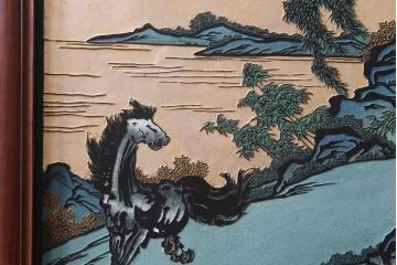 唐木材　九頭馬(馬九行)・竹梅図　表裏異なる意匠が魅力的な衝立(パーテーション、つい立て、間仕切り)(R-034926)