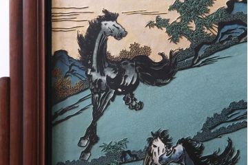 唐木材　九頭馬(馬九行)・竹梅図　表裏異なる意匠が魅力的な衝立(パーテーション、つい立て、間仕切り)(R-034926)