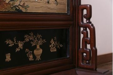 唐木材　九頭馬(馬九行)・竹梅図　表裏異なる意匠が魅力的な衝立(パーテーション、つい立て、間仕切り)(R-034926)