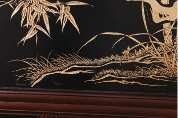 唐木材　九頭馬(馬九行)・竹梅図　表裏異なる意匠が魅力的な衝立(パーテーション、つい立て、間仕切り)(R-034926)
