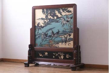 唐木材　九頭馬(馬九行)・竹梅図　表裏異なる意匠が魅力的な衝立(パーテーション、つい立て、間仕切り)(R-034926)