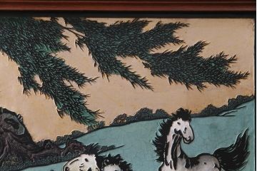 唐木材　九頭馬(馬九行)・竹梅図　表裏異なる意匠が魅力的な衝立(パーテーション、つい立て、間仕切り)(R-034926)