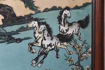 唐木材　九頭馬(馬九行)・竹梅図　表裏異なる意匠が魅力的な衝立(パーテーション、つい立て、間仕切り)(R-034926)