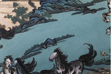 唐木材　九頭馬(馬九行)・竹梅図　表裏異なる意匠が魅力的な衝立(パーテーション、つい立て、間仕切り)(R-034926)