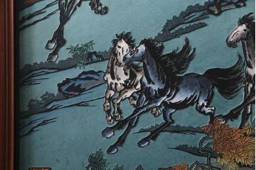 唐木材　九頭馬(馬九行)・竹梅図　表裏異なる意匠が魅力的な衝立(パーテーション、つい立て、間仕切り)(R-034926)