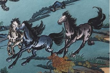 唐木材　九頭馬(馬九行)・竹梅図　表裏異なる意匠が魅力的な衝立(パーテーション、つい立て、間仕切り)(R-034926)