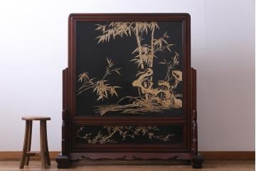 唐木材　九頭馬(馬九行)・竹梅図　表裏異なる意匠が魅力的な衝立(パーテーション、つい立て、間仕切り)(R-034926)