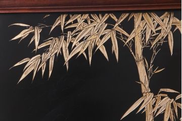 唐木材　九頭馬(馬九行)・竹梅図　表裏異なる意匠が魅力的な衝立(パーテーション、つい立て、間仕切り)(R-034926)