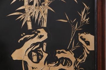 唐木材　九頭馬(馬九行)・竹梅図　表裏異なる意匠が魅力的な衝立(パーテーション、つい立て、間仕切り)(R-034926)