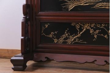 唐木材　九頭馬(馬九行)・竹梅図　表裏異なる意匠が魅力的な衝立(パーテーション、つい立て、間仕切り)(R-034926)
