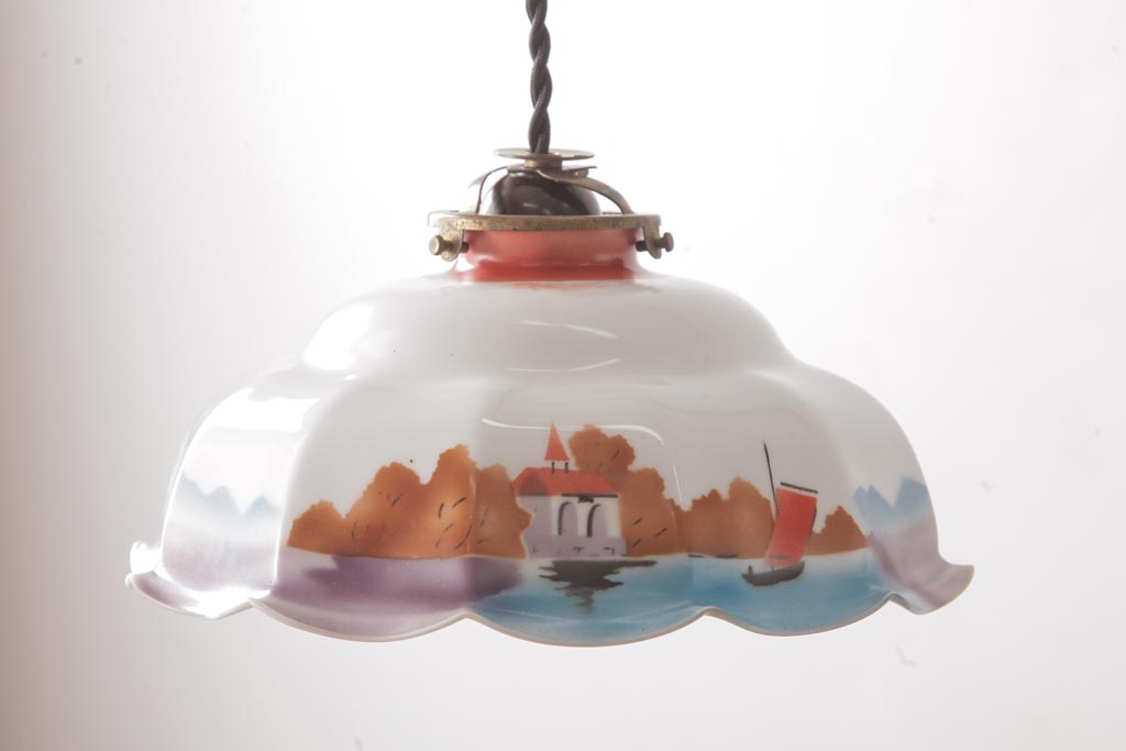 フランスアンティーク　湖のほとりが描かれた絵画のようなペンダントライト(天井照明)