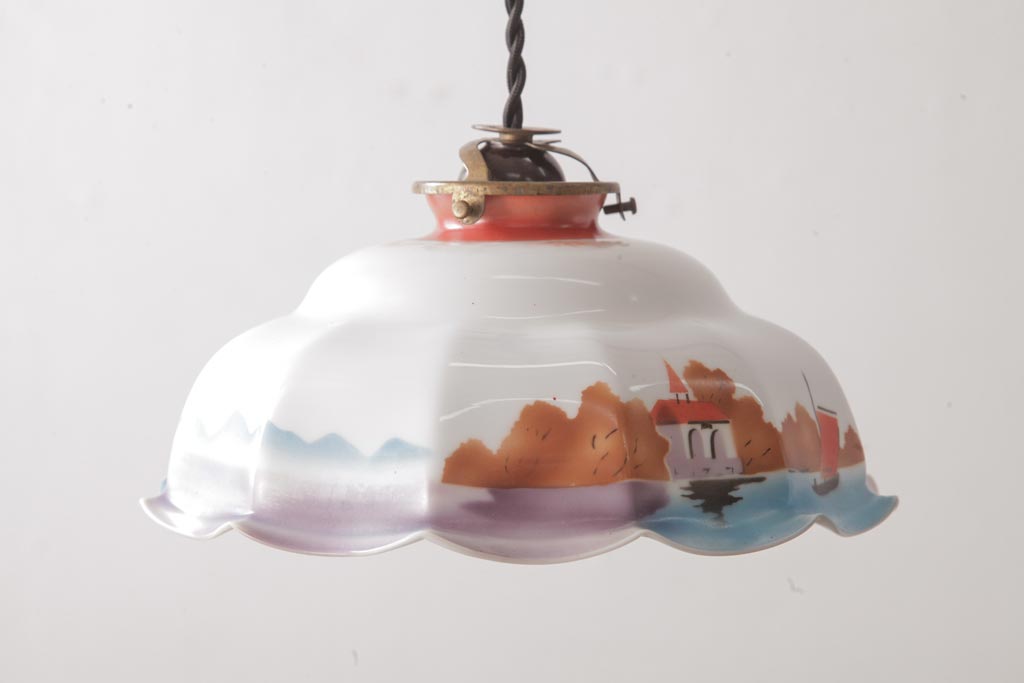 フランスアンティーク　湖のほとりが描かれた絵画のようなペンダントライト(天井照明)