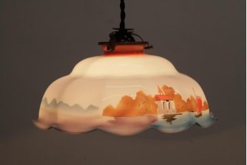 フランスアンティーク　湖のほとりが描かれた絵画のようなペンダントライト(天井照明)