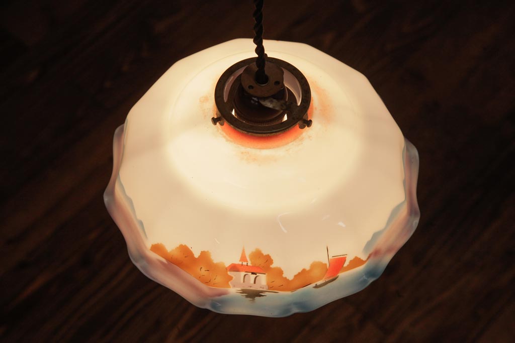 フランスアンティーク　湖のほとりが描かれた絵画のようなペンダントライト(天井照明)