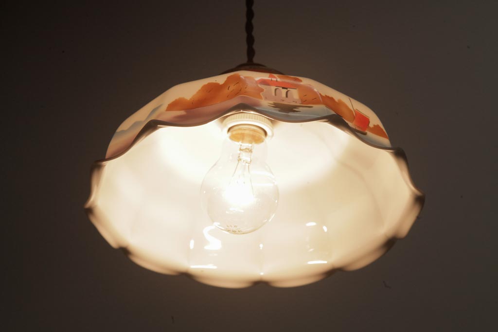 フランスアンティーク　湖のほとりが描かれた絵画のようなペンダントライト(天井照明)