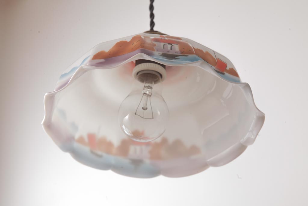 フランスアンティーク　湖のほとりが描かれた絵画のようなペンダントライト(天井照明)