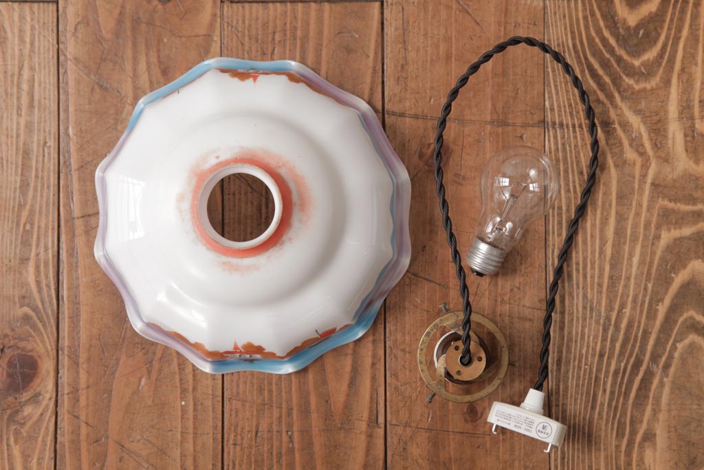 フランスアンティーク　湖のほとりが描かれた絵画のようなペンダントライト(天井照明)