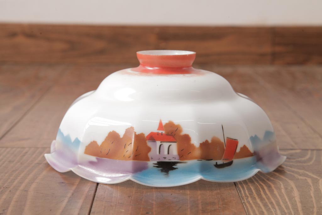 フランスアンティーク　湖のほとりが描かれた絵画のようなペンダントライト(天井照明)