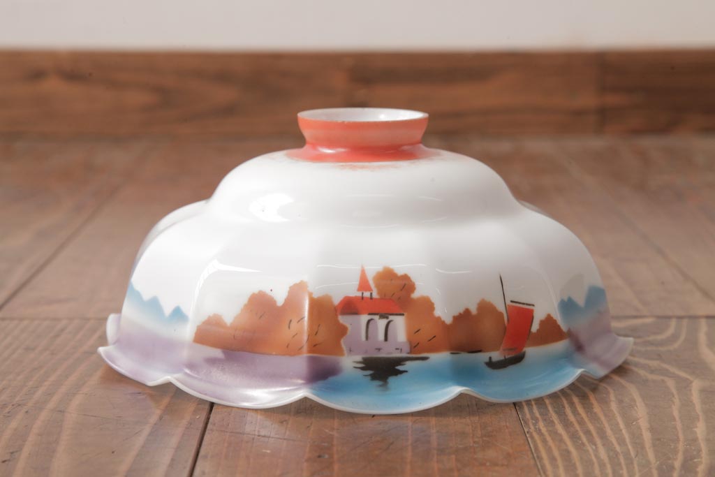 フランスアンティーク　湖のほとりが描かれた絵画のようなペンダントライト(天井照明)