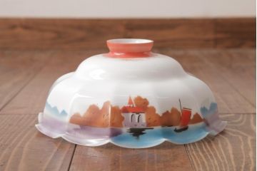 フランスアンティーク　湖のほとりが描かれた絵画のようなペンダントライト(天井照明)