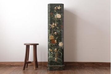 中古　中国家具　花鳥図　芸術的な意匠の縦長チェスト(引き出し、タンス)