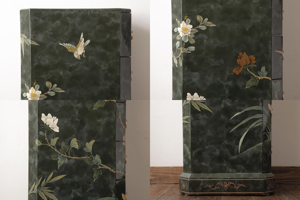 中古　中国家具　花鳥図　芸術的な意匠の縦長チェスト(引き出し、タンス)