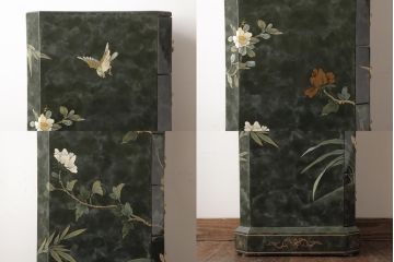 中古　中国家具　花鳥図　芸術的な意匠の縦長チェスト(引き出し、タンス)