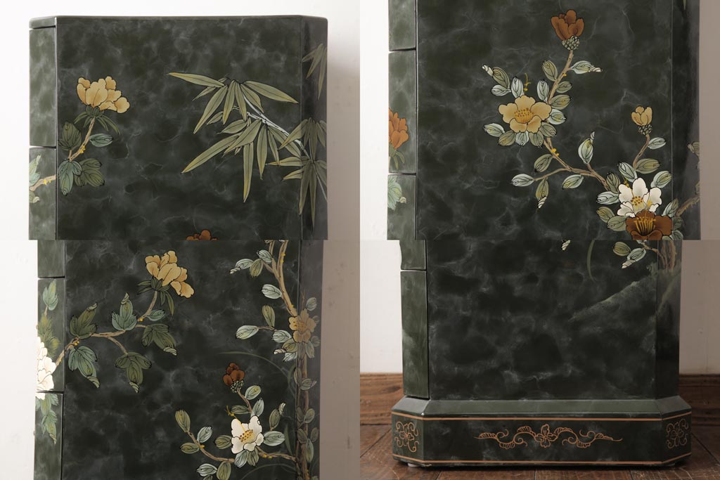 中古　中国家具　花鳥図　芸術的な意匠の縦長チェスト(引き出し、タンス)