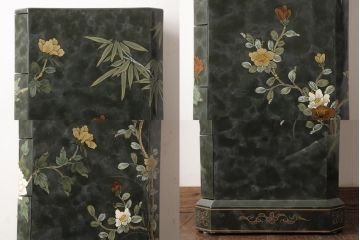 中古　中国家具　花鳥図　芸術的な意匠の縦長チェスト(引き出し、タンス)