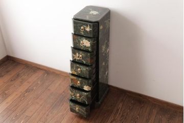 中古　中国家具　花鳥図　芸術的な意匠の縦長チェスト(引き出し、タンス)