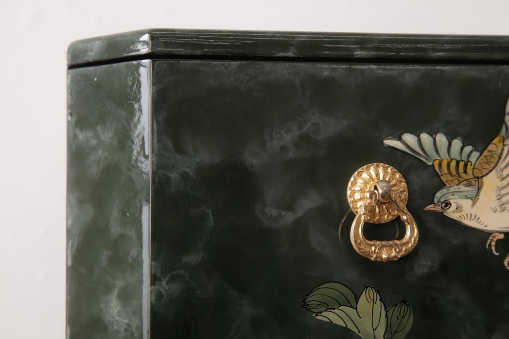 中古　中国家具　花鳥図　芸術的な意匠の縦長チェスト(引き出し、タンス)