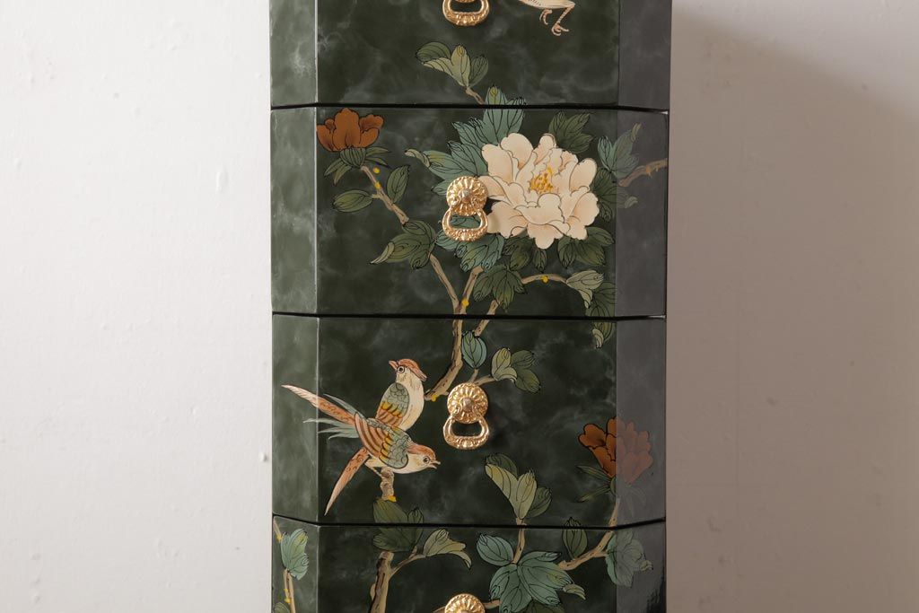 中古　中国家具　花鳥図　芸術的な意匠の縦長チェスト(引き出し、タンス)