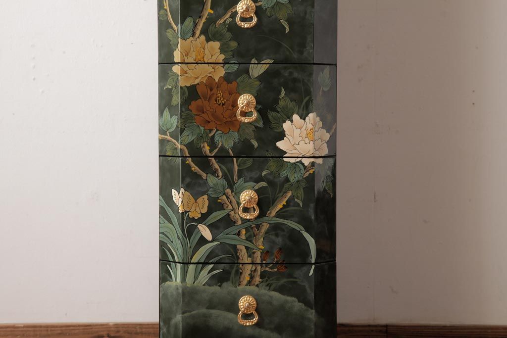 中古　中国家具　花鳥図　芸術的な意匠の縦長チェスト(引き出し、タンス)