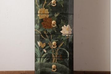 中古　中国家具　花鳥図　芸術的な意匠の縦長チェスト(引き出し、タンス)