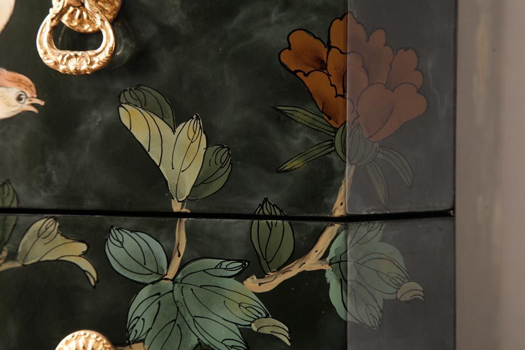 中古　中国家具　花鳥図　芸術的な意匠の縦長チェスト(引き出し、タンス)