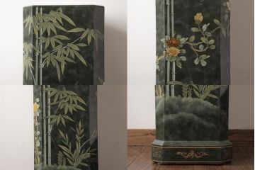 中古　中国家具　花鳥図　芸術的な意匠の縦長チェスト(引き出し、タンス)