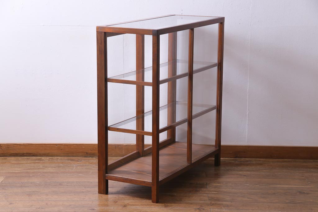 レトロ家具　昭和レトロ　ヒノキ材　シンプルな木枠が味わい深いガラスケース(ショーケース、陳列棚)