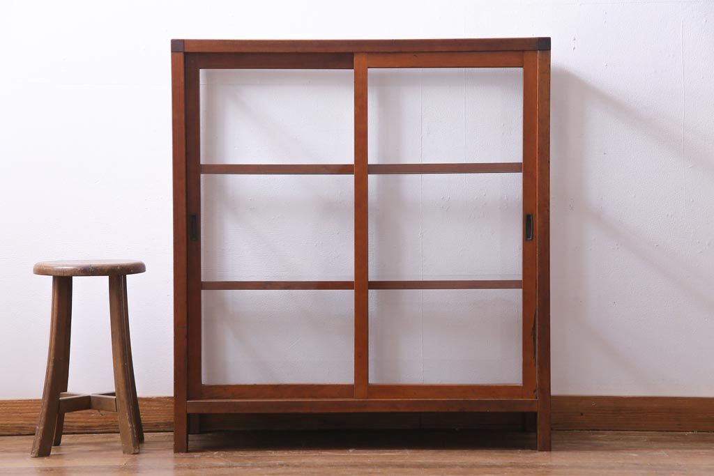 レトロ家具　昭和レトロ　ヒノキ材　シンプルな木枠が味わい深いガラスケース(ショーケース、陳列棚)