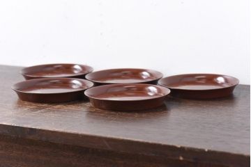 昭和初期　桔梗図　しっとりとした光沢が魅力的な木製皿5枚セット(漆器、和食器)(1)
