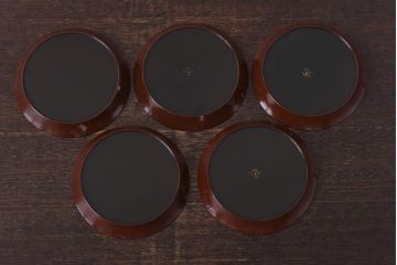 昭和初期　桔梗図　しっとりとした光沢が魅力的な木製皿5枚セット(漆器、和食器)(1)