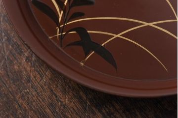 昭和初期　桔梗図　しっとりとした光沢が魅力的な木製皿5枚セット(漆器、和食器)(2)